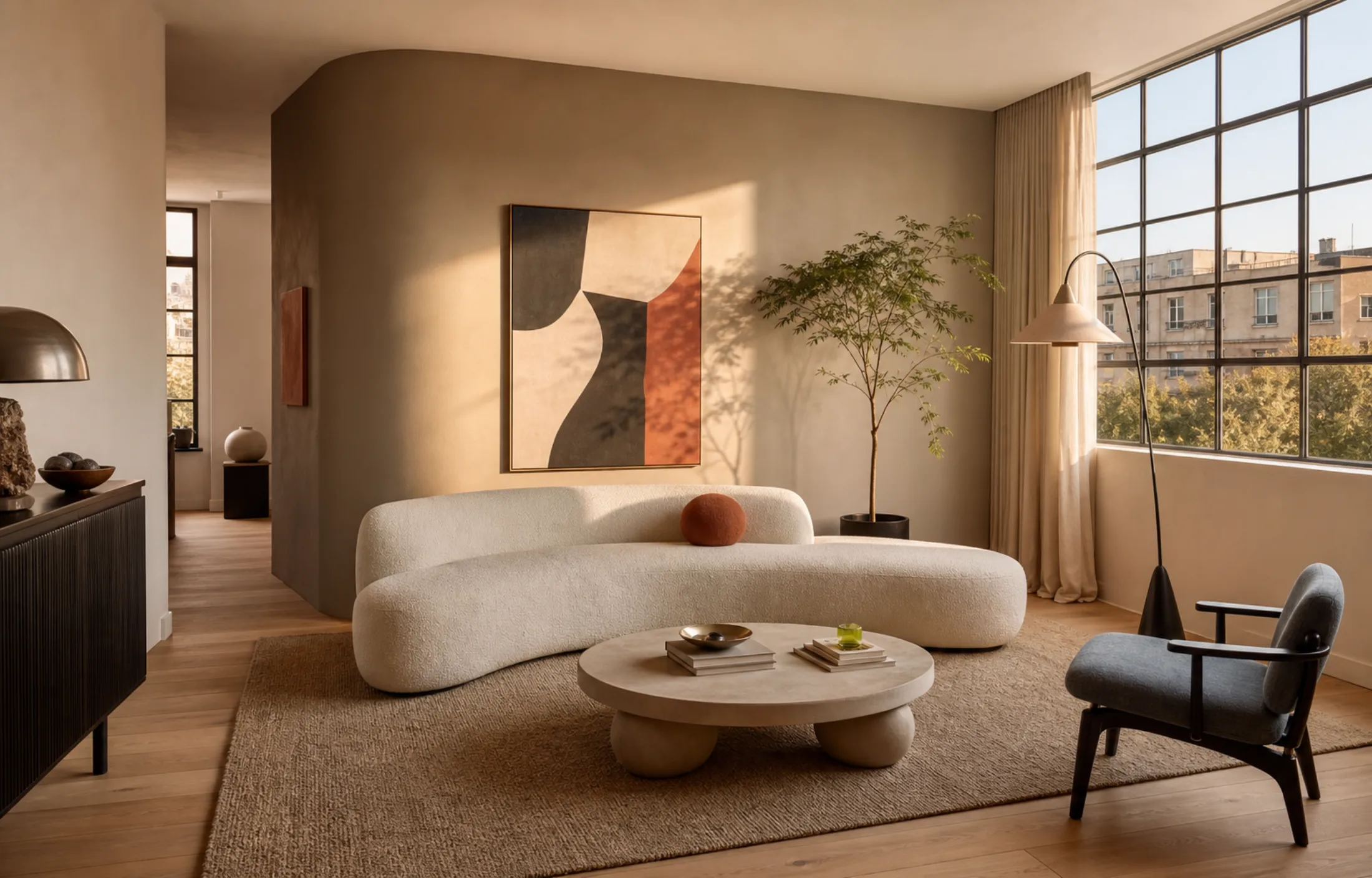A warm contemporary living room with curved furniture, layered materials, and late-afternoon light