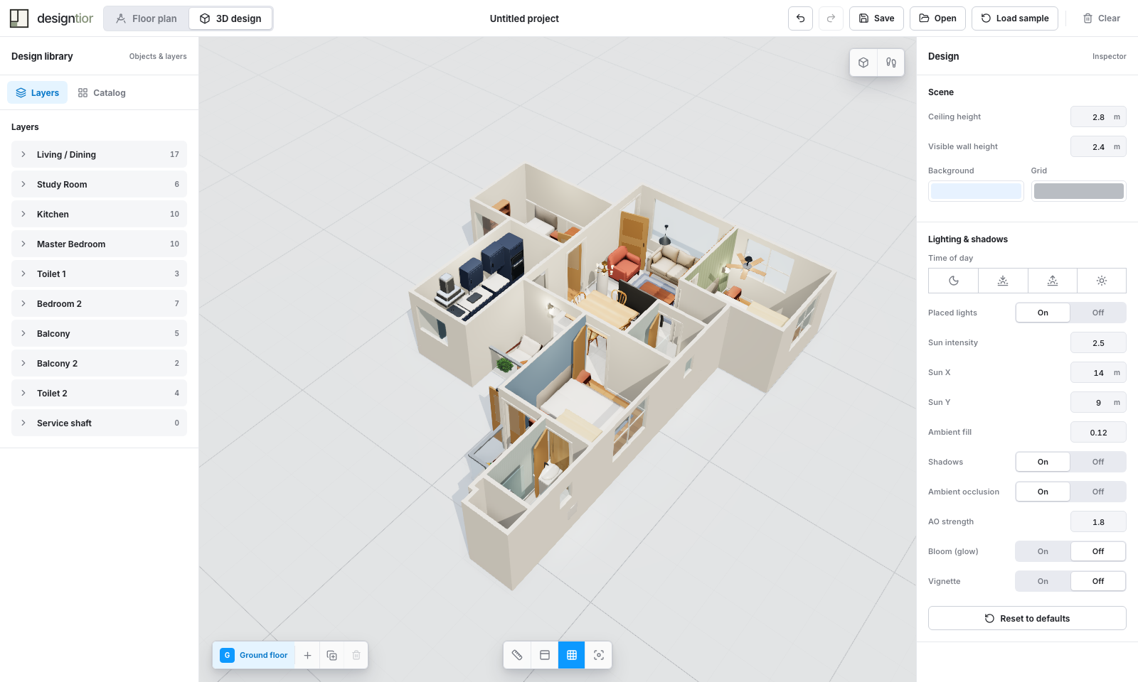 The actual designtior studio showing a fully furnished multi-room home in the 3D editor